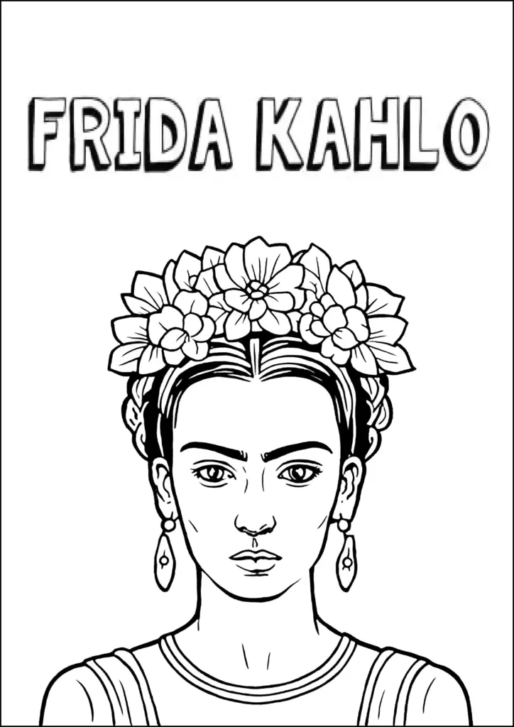 Black-and-white Frida Kahlo portrait line drawing with flowers