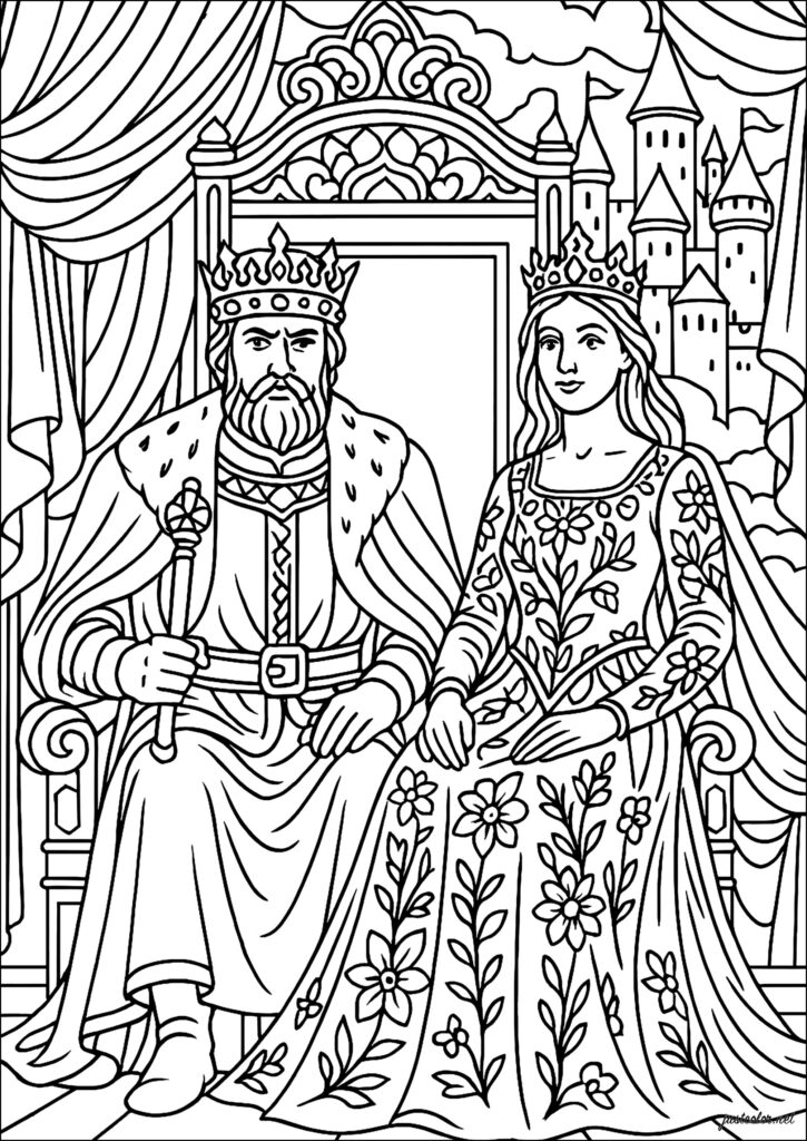 King and queen seated on ornate throne, castle backdrop