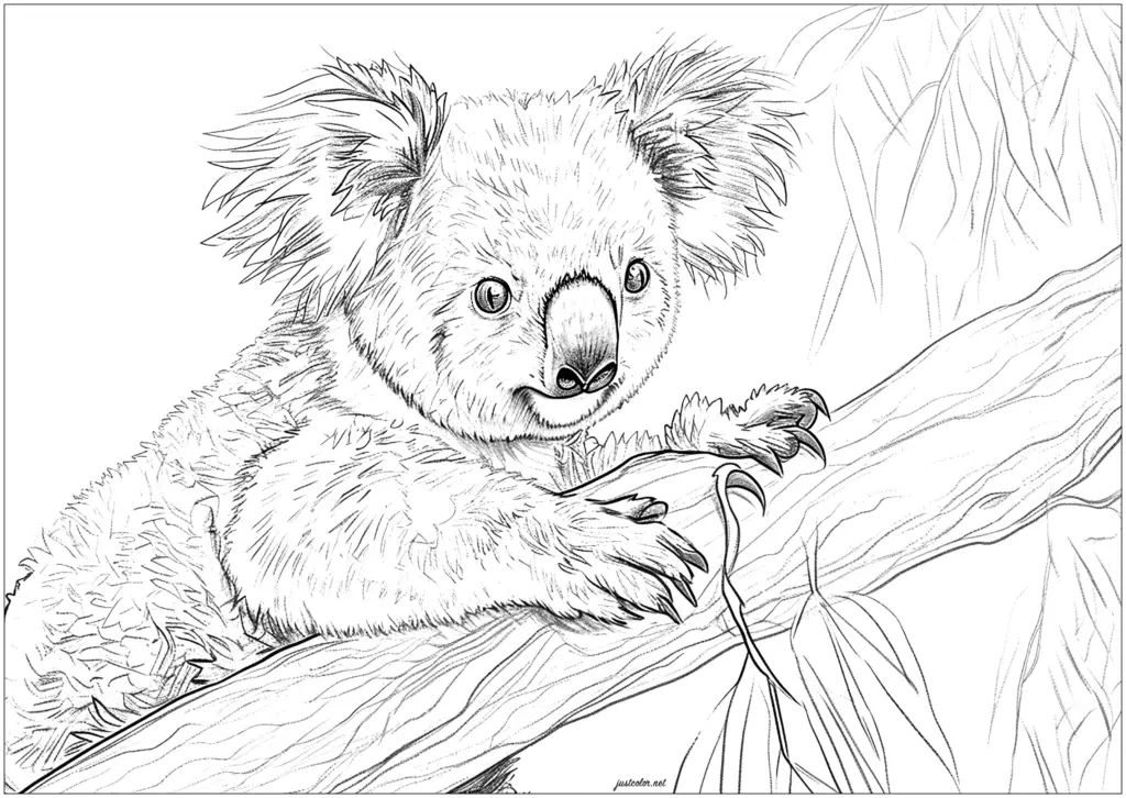 Koala bear clinging to a tree branch in line art