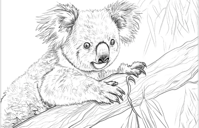 Koala bear clinging to a tree branch in line art