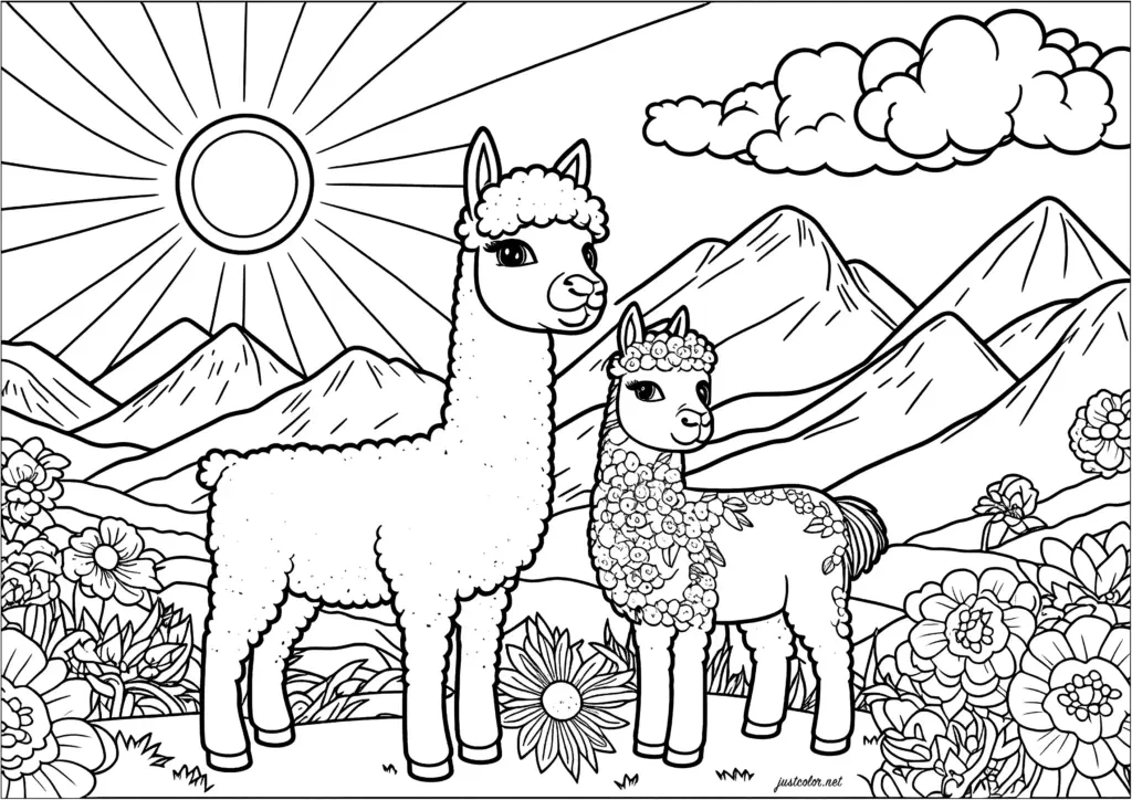 Two llamas in flowered mountain landscape under sun and clouds
