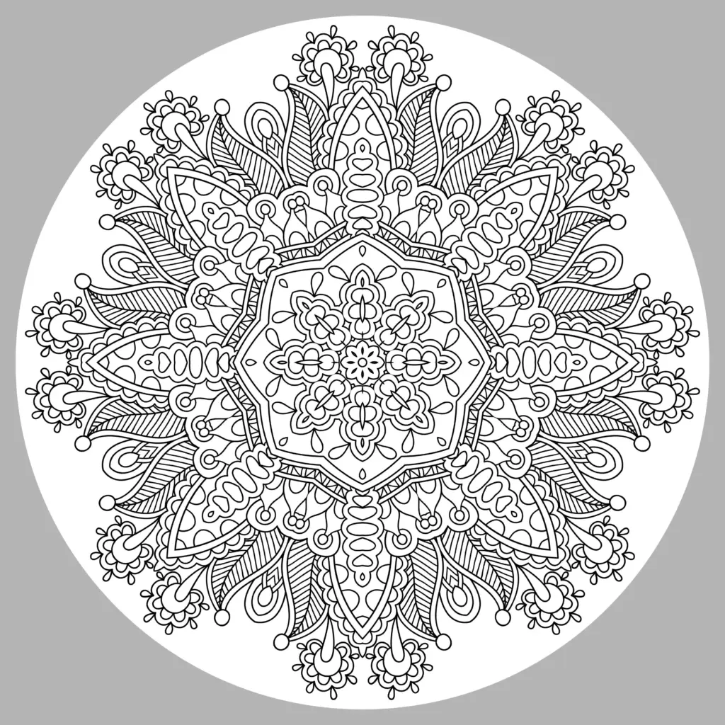 Intricate black-and-white floral mandala on white circle