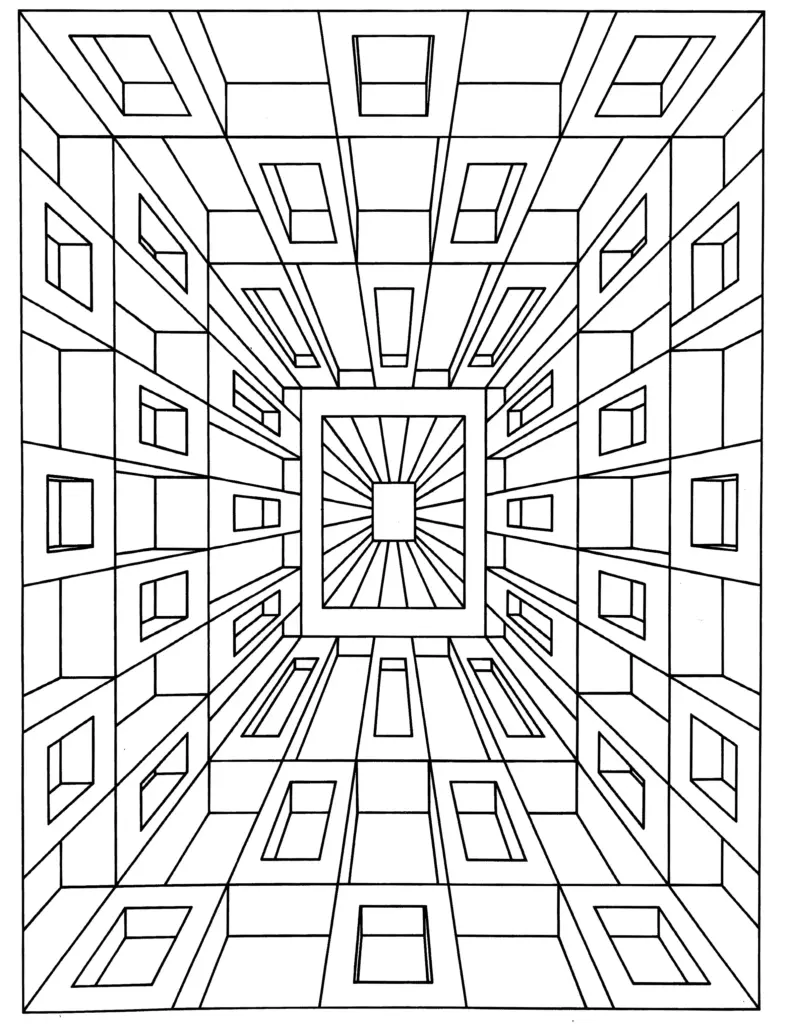 Black-and-white geometric tunnel with repeating rectangular openings