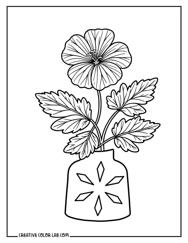 Black-and-white line drawing of flower in vase