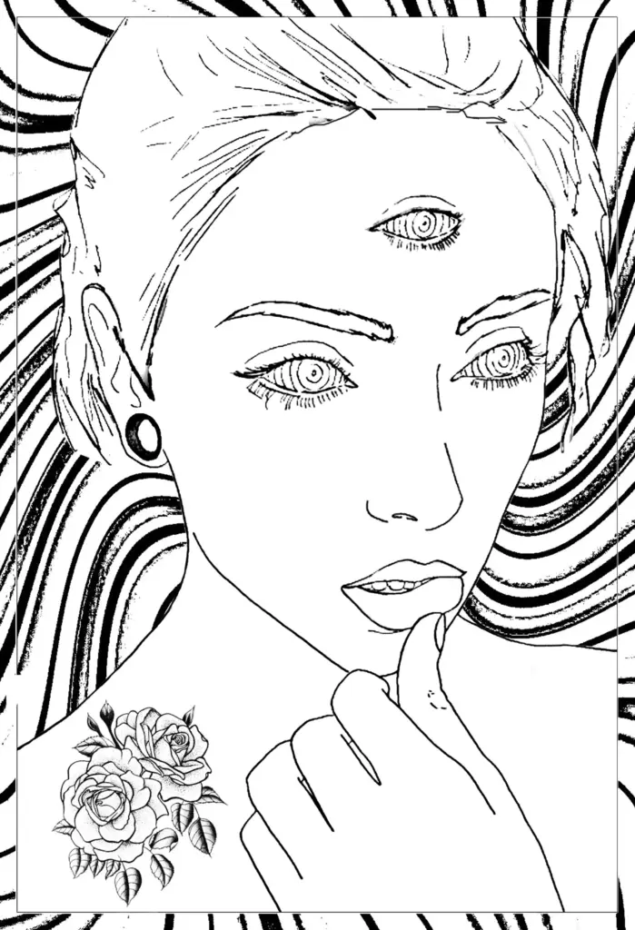 Black-and-white line drawing of a woman with three eyes, roses, stripes