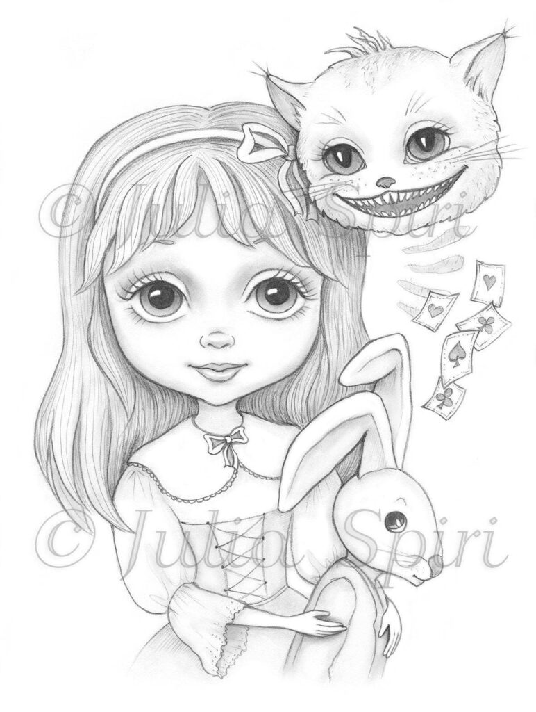 Pencil drawing of a girl with rabbit and grinning cat
