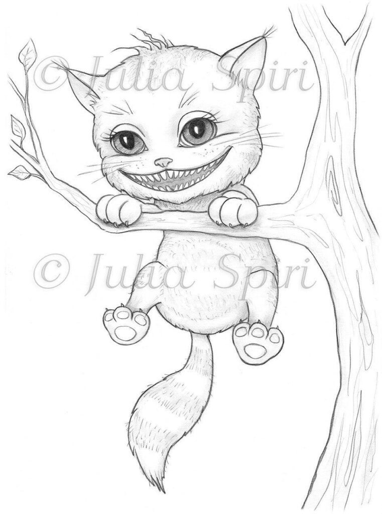 Pencil drawing of smiling cat hanging from tree branch