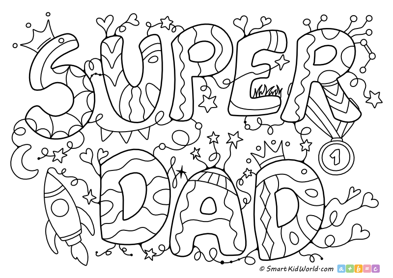 Decorative coloring page reading “SUPER DAD” in bubble letters