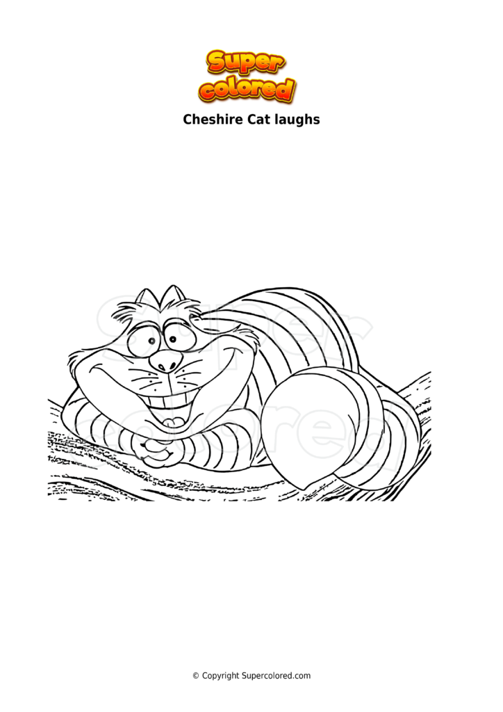Black-and-white Cheshire Cat coloring page with title text