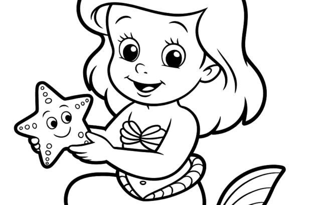 Cartoon mermaid holding a smiling starfish