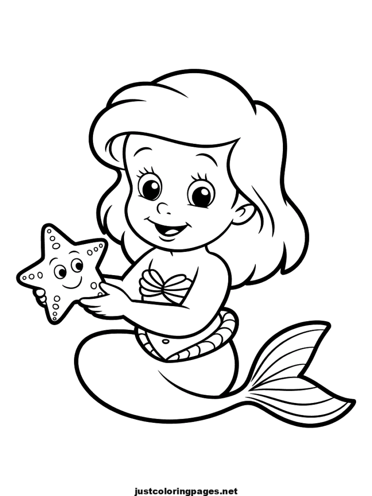 Cartoon mermaid holding a smiling starfish