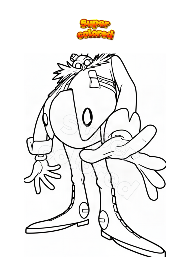 Black-and-white cartoon of Dr. Eggman, with logo text above
