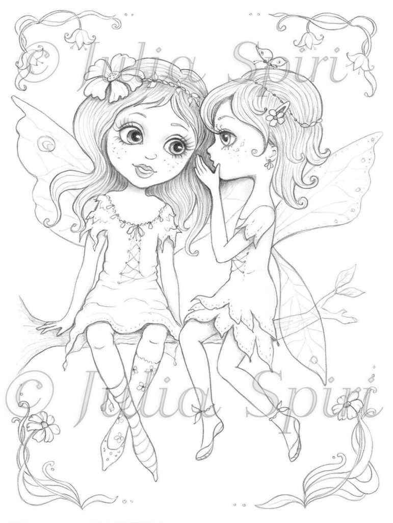 Two fairy girls sitting with floral border drawing