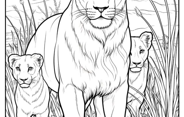 Lioness and two cubs standing in tall grass