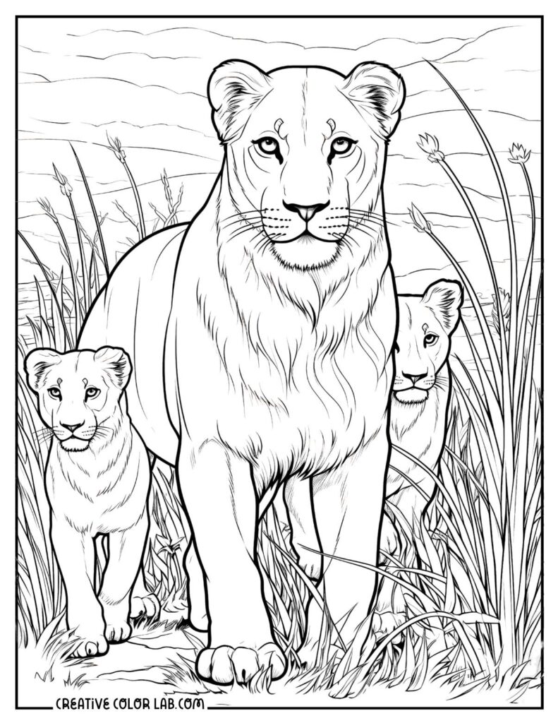 Lioness and two cubs standing in tall grass