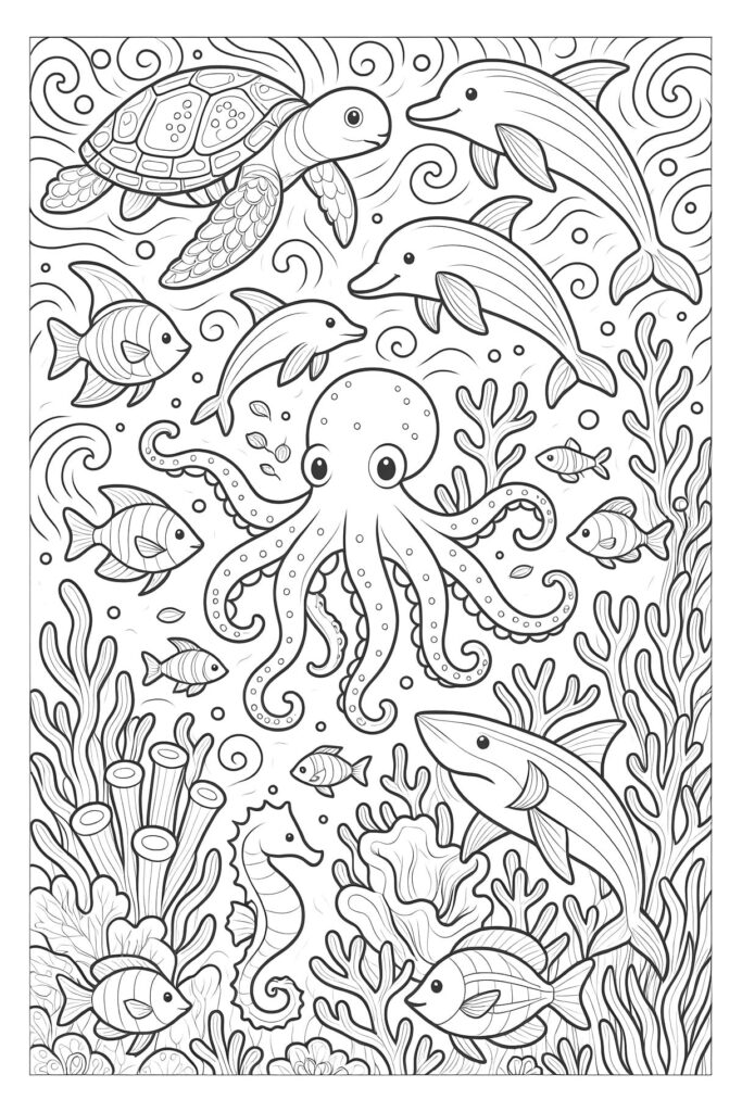 Black-and-white underwater coloring page with sea animals and coral
