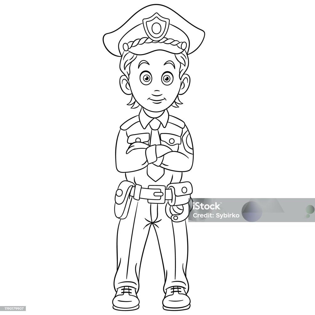 Cartoon police officer standing with arms crossed on white background