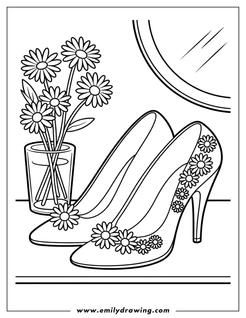 Line drawing of flowers and high heels by window