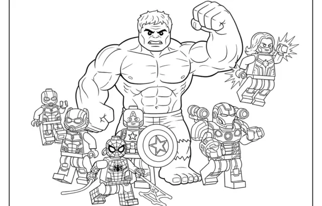 Black-and-white superhero coloring page with Hulk and mini figures