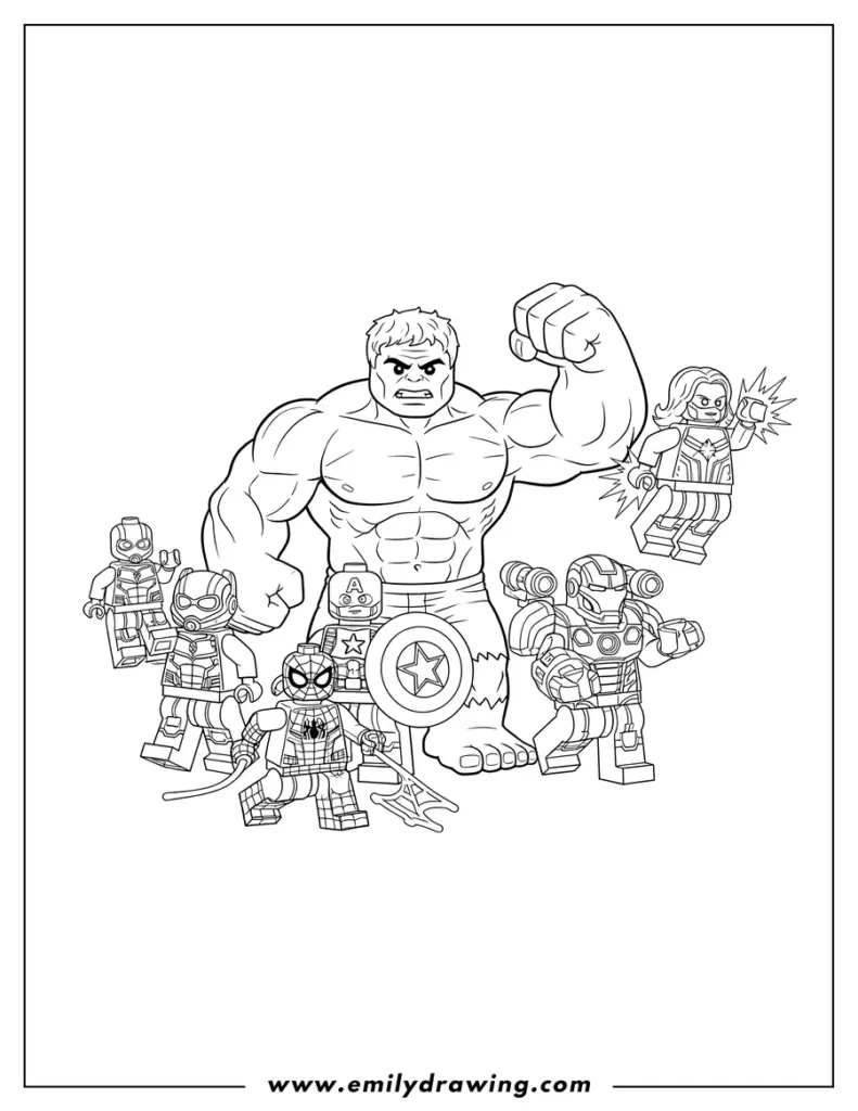 Black-and-white superhero coloring page with Hulk and mini figures