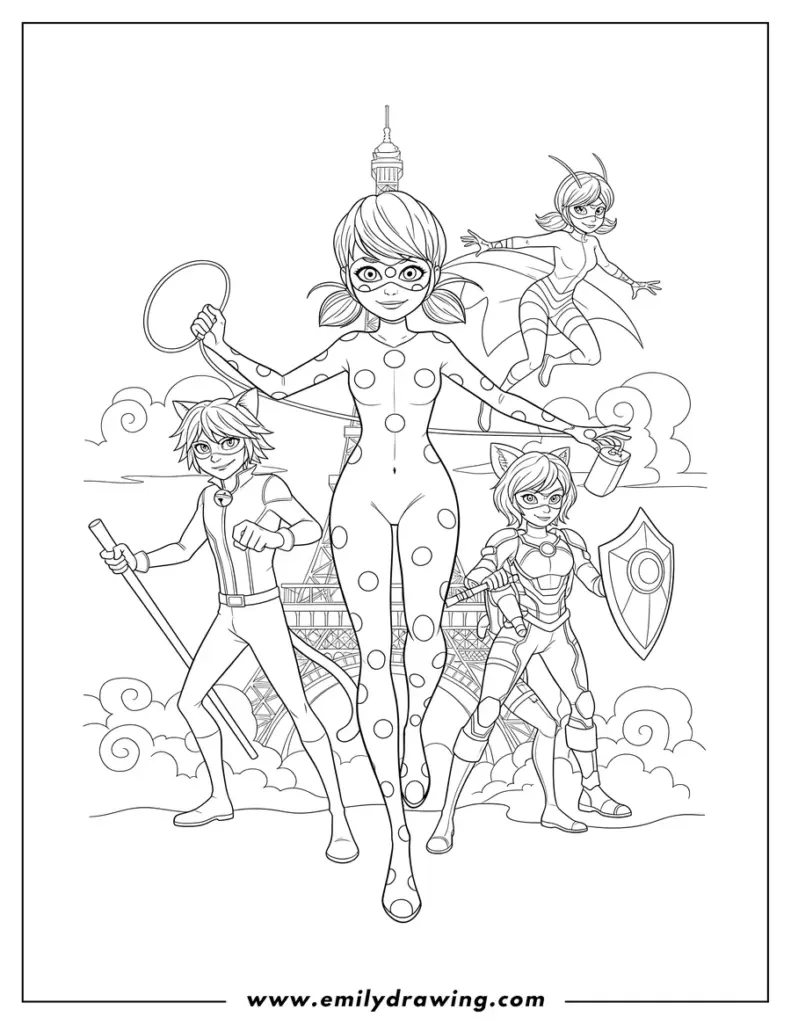 Line art of five costumed superheroes around Eiffel Tower