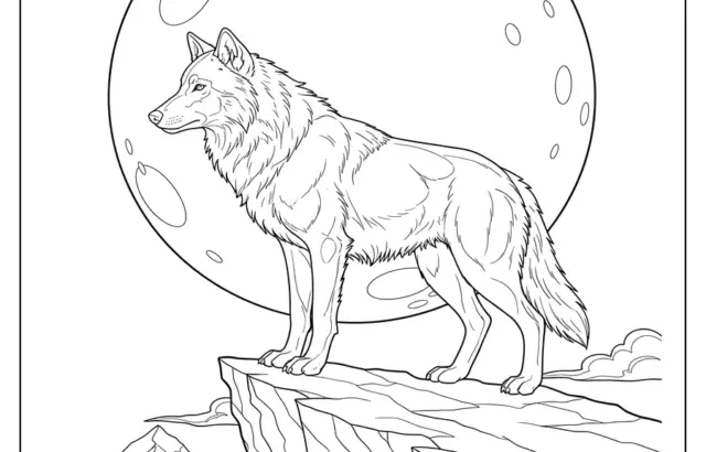 Line drawing of wolf standing on rocky cliff under moon