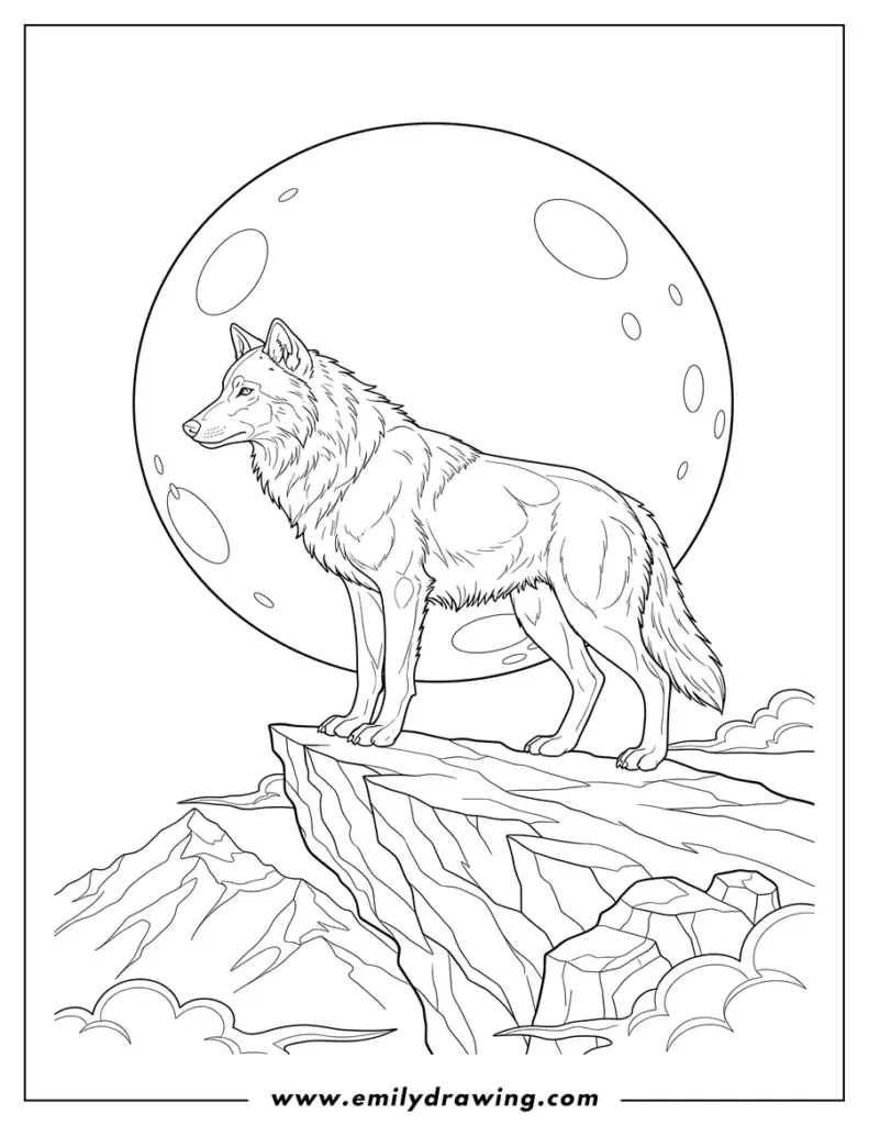Line drawing of wolf standing on rocky cliff under moon
