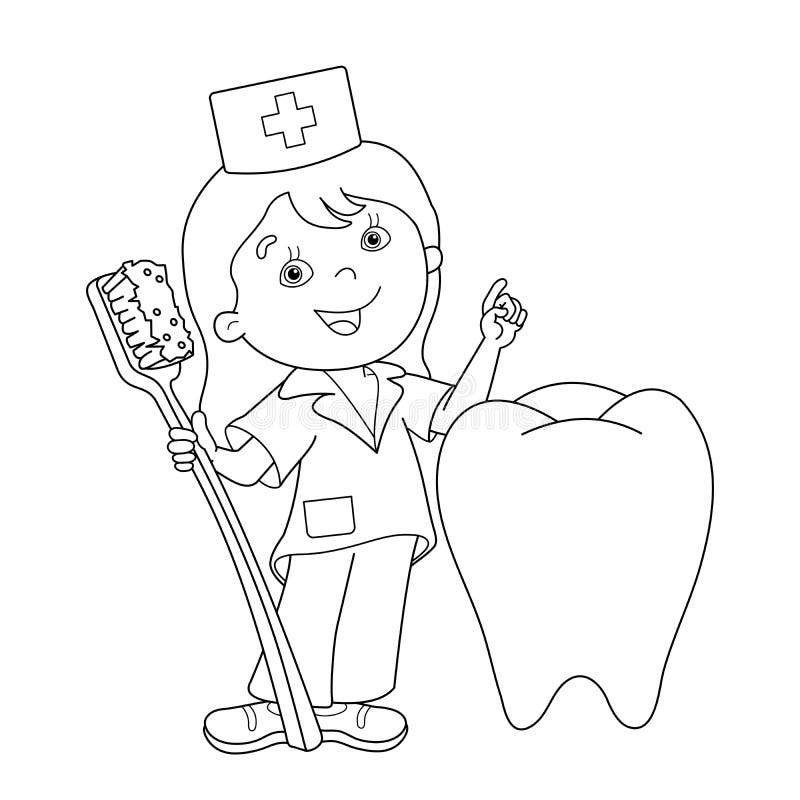 Cartoon nurse holding toothbrush beside large tooth