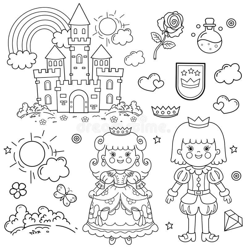 Princess coloring page with castle, crowns, and two children