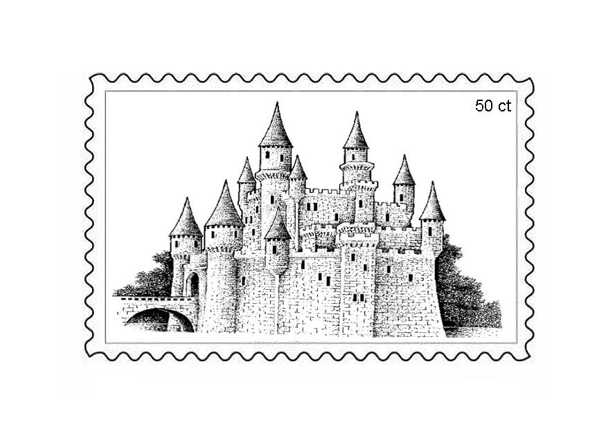 Black-and-white postage stamp illustration of a castle