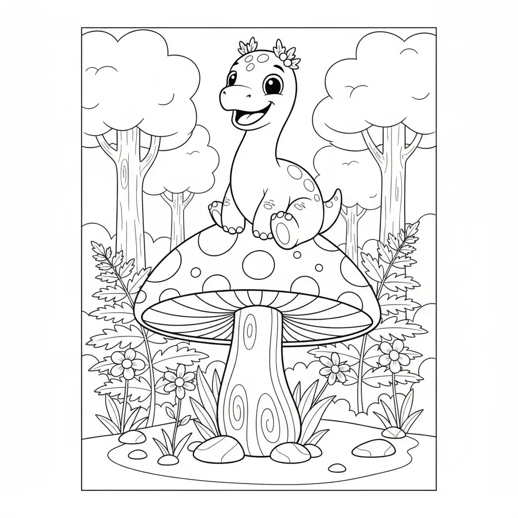 Cute dinosaur sitting on spotted mushroom in forest