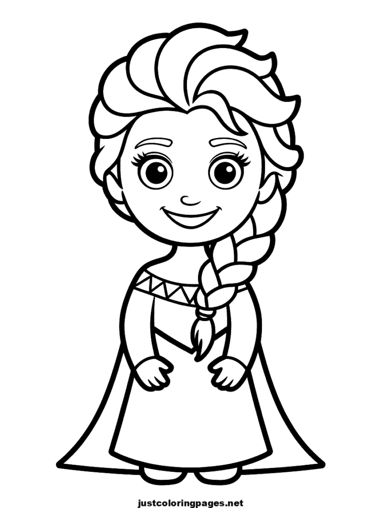 Black-and-white cartoon girl in a dress, smiling front view