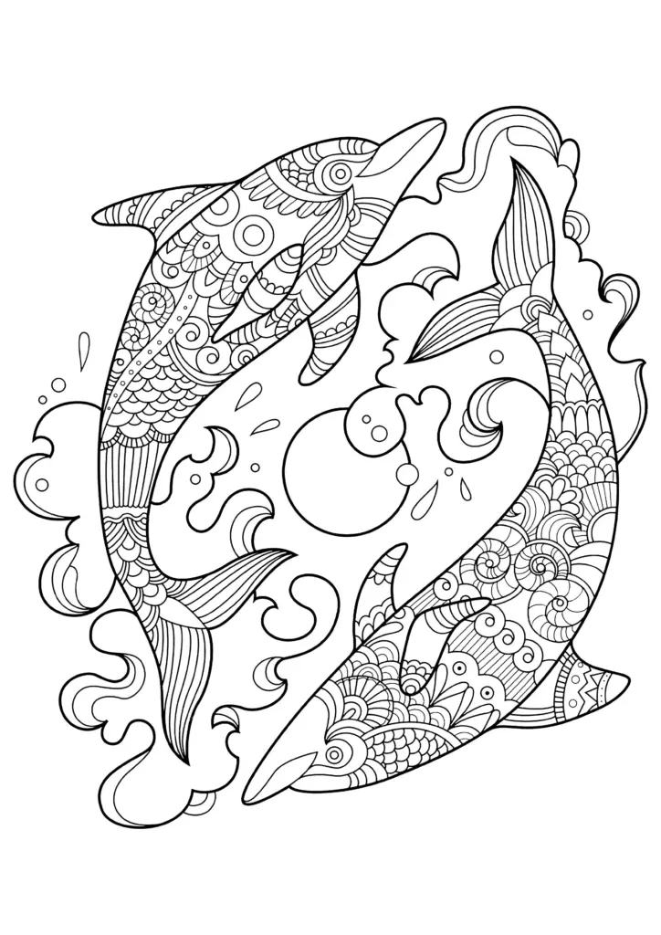 Two patterned dolphins swimming among waves and bubbles