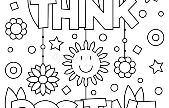 Coloring page with “THINK POSITIVE” and flowers, stars, sun, circles