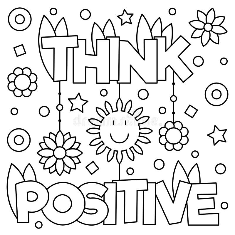 Coloring page with “THINK POSITIVE” and flowers, stars, sun, circles