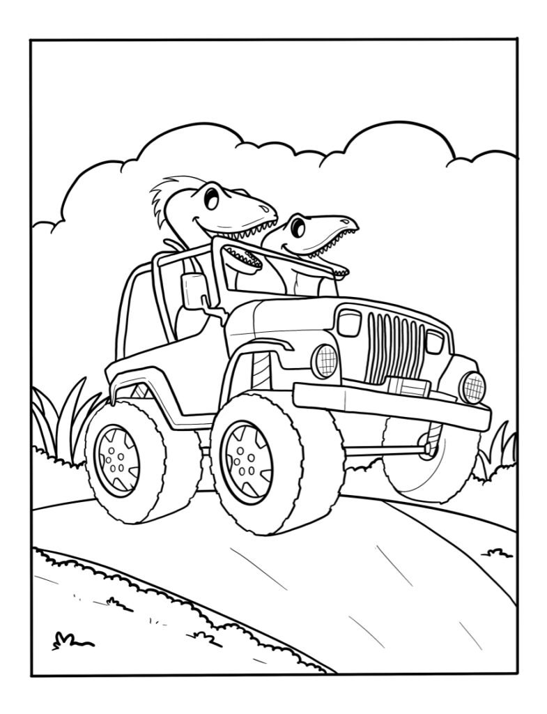 Line drawing of dinosaurs riding in a jeep outdoors