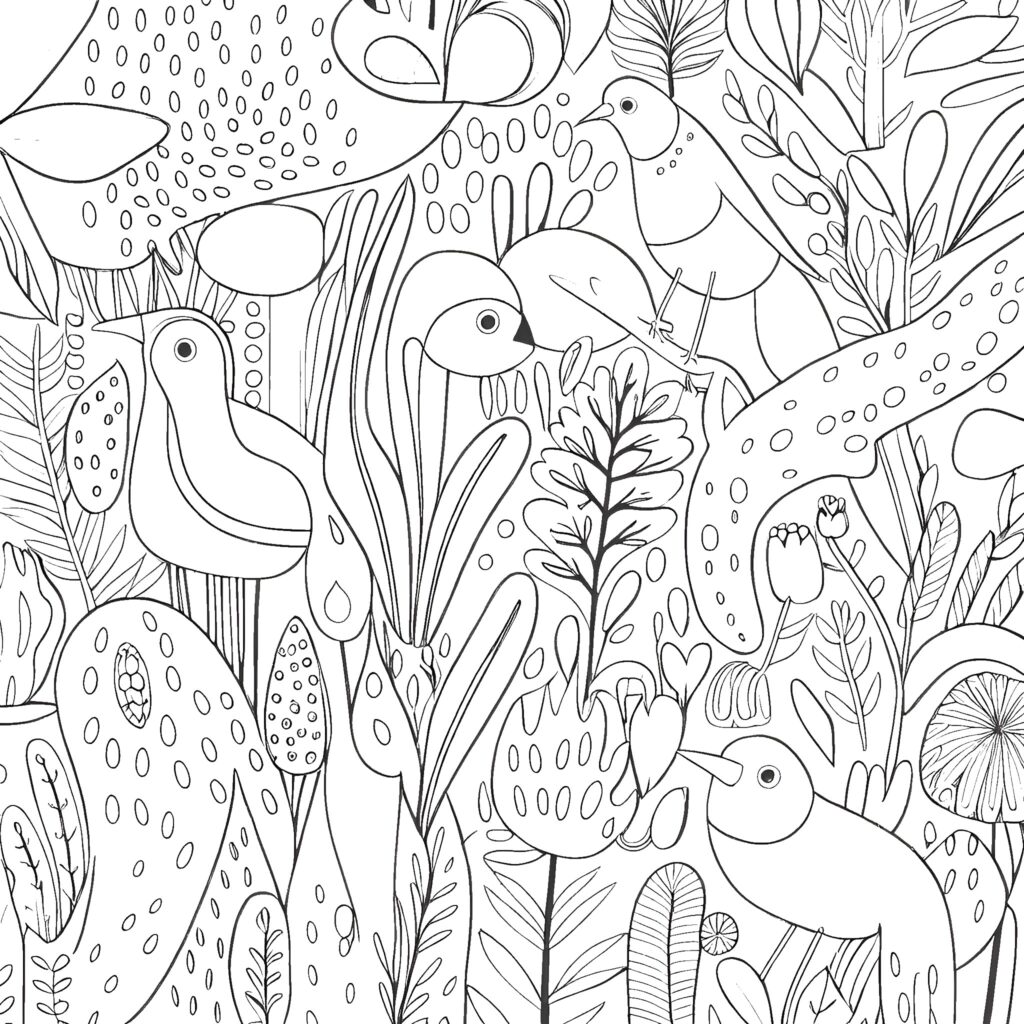 Black-and-white line drawing of birds and dense foliage