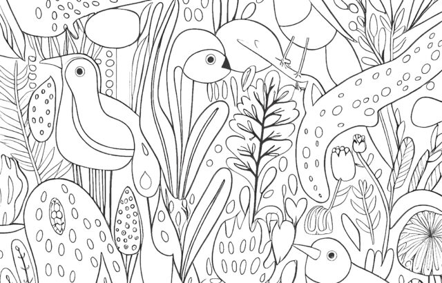 Black-and-white line drawing of birds among dense leaves