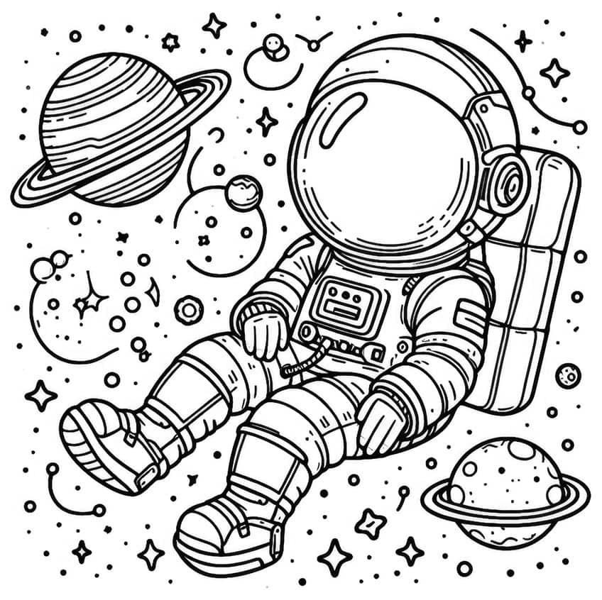Cartoon astronaut floating among planets and stars