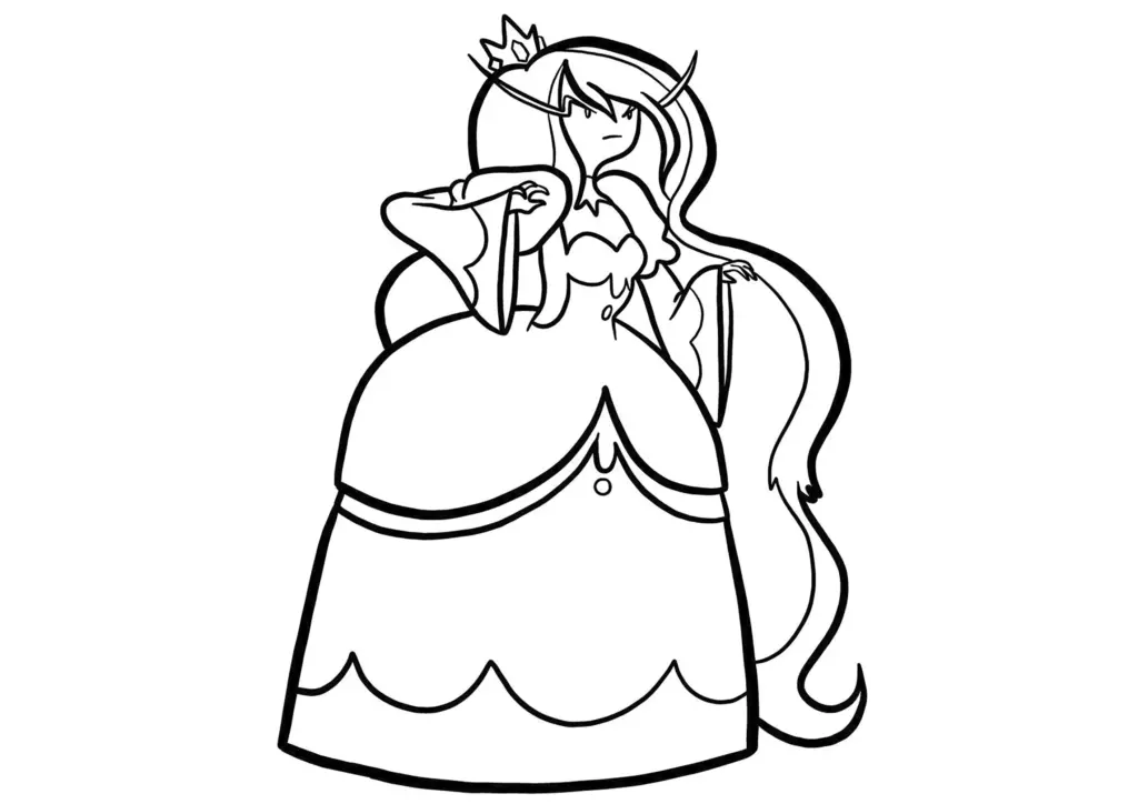 Black-and-white line drawing of a crowned princess in a dress