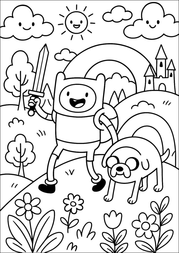 Cartoon boy with sword and dog in whimsical landscape