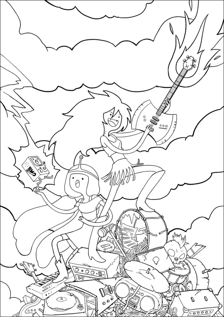 Cartoon girl playing guitar above musical equipment pile
