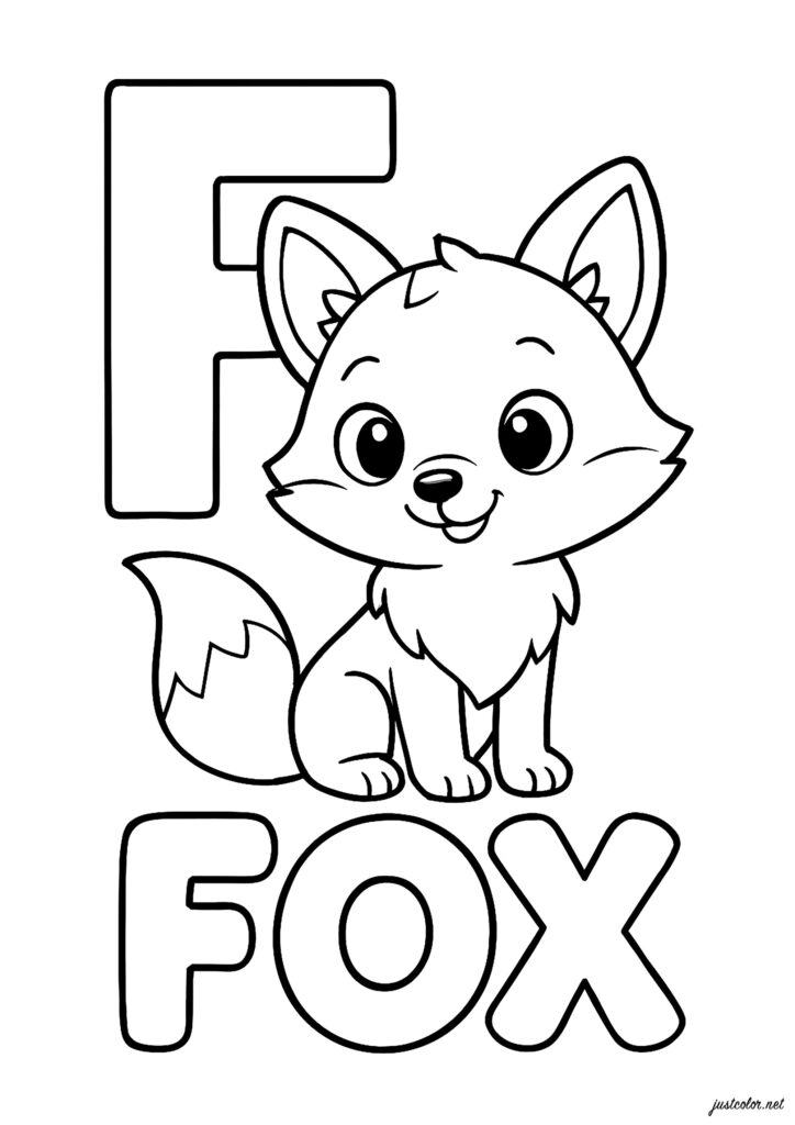 Cartoon fox coloring page with letter F and FOX