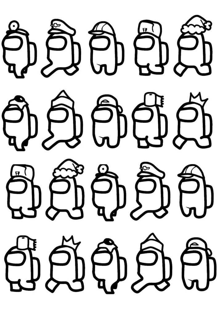 Grid of cartoon astronaut figures wearing various hats