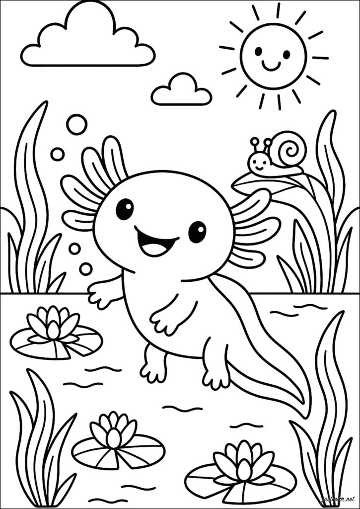 Cute axolotl in pond with sun, clouds, snail, lily pads