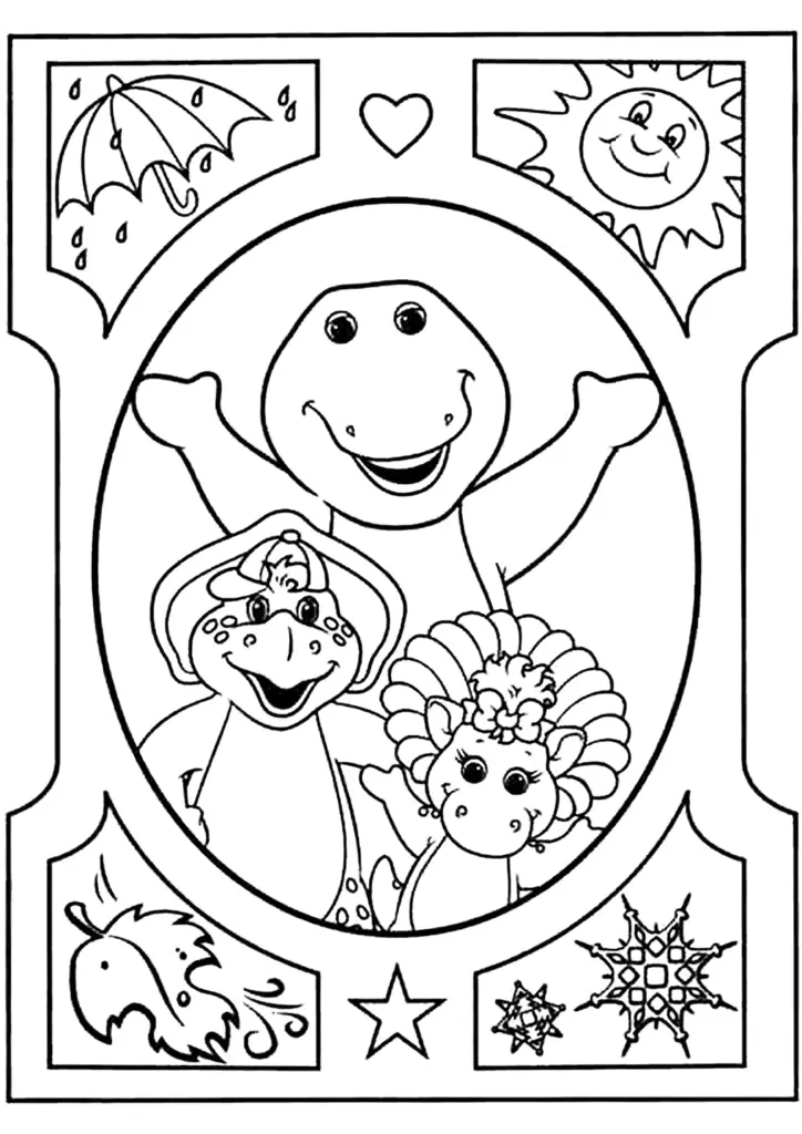 Black-and-white coloring page with smiling cartoon dinosaurs and weather icons