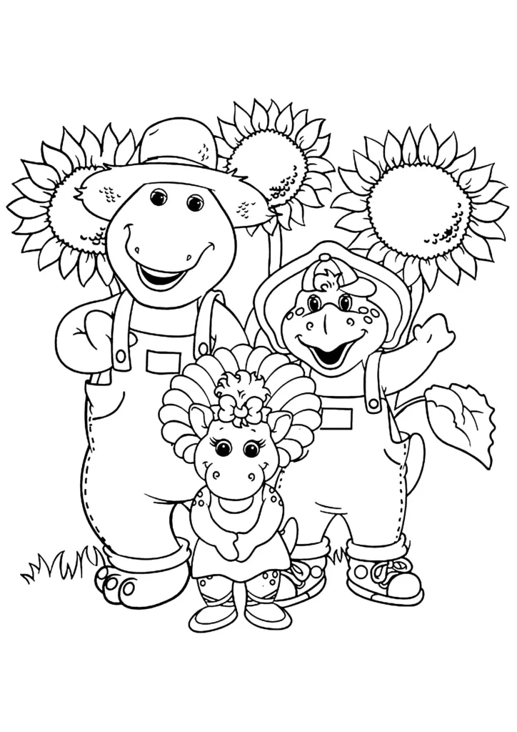 Cartoon dinosaurs wearing hats posed with sunflowers