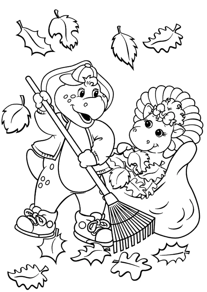 Two cartoon dinosaurs raking scattered autumn leaves outside