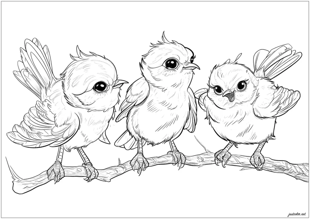 Three cartoon birds perched on branch