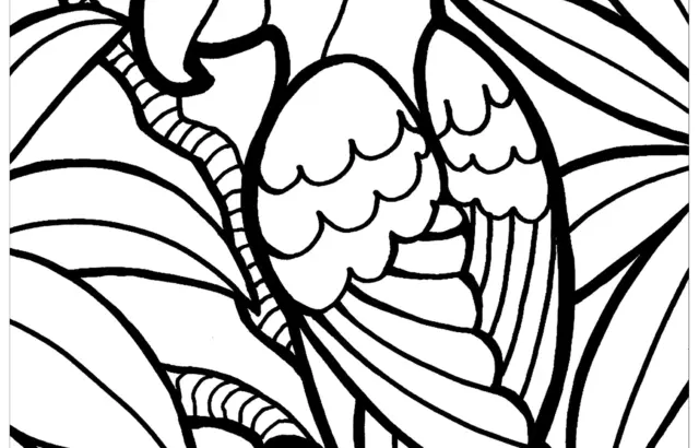 Black-and-white line drawing of a parrot among leaves